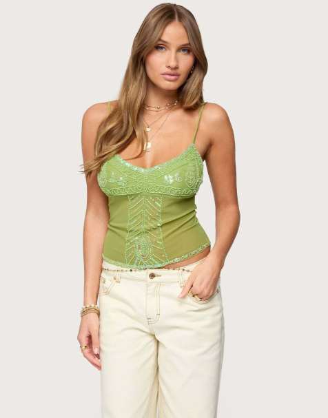 Edikted Azelia beaded sheer chiffon top in green - view 1