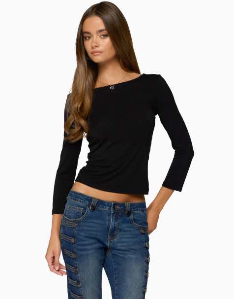 Edikted Bailie lace back three-quarter sleeve top in black - view 1