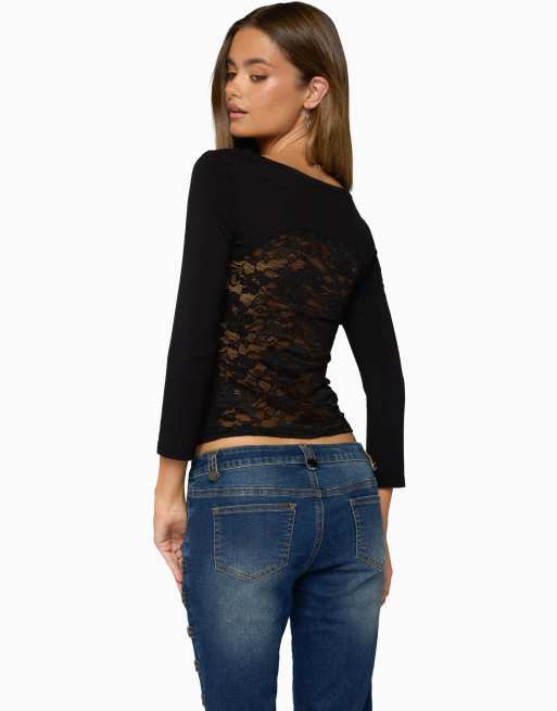 Edikted Bailie lace back three-quarter sleeve top in black, 2 of 5
