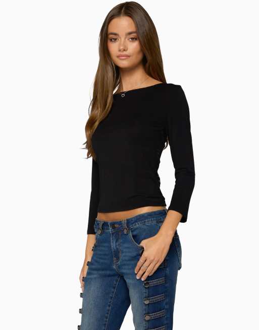 Edikted Bailie lace back three-quarter sleeve top in black, 3 of 5