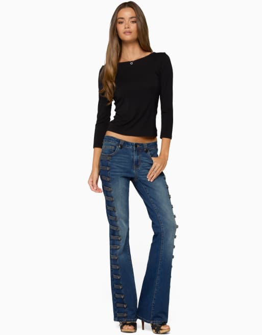 Edikted Bailie lace back three-quarter sleeve top in black, 4 of 5
