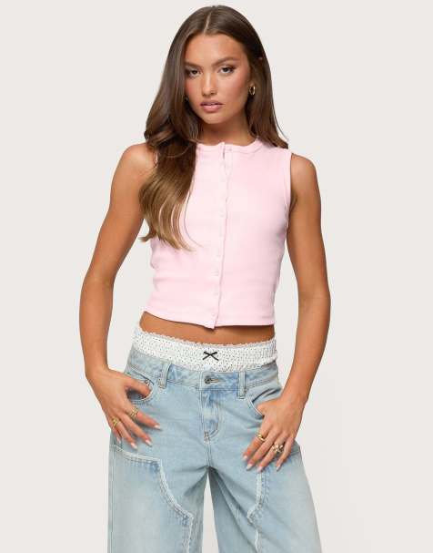 Edikted Basel button up tank top in light pink - view 1