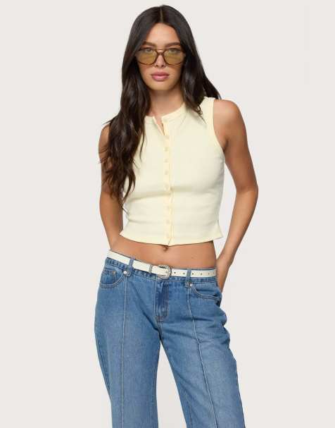 Edikted Basel button up tank top in yellow - view 1
