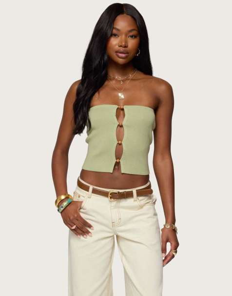 Edikted Bead cut out strapless knit top in sage - view 1