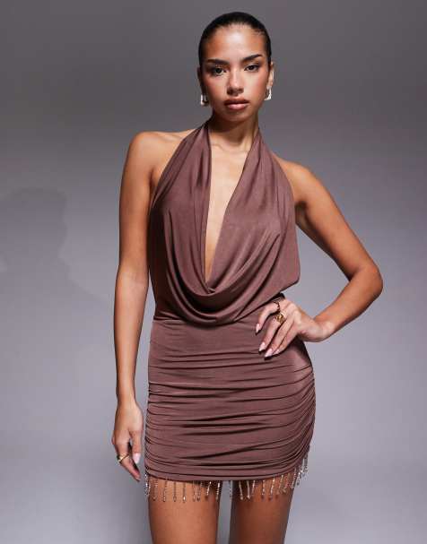 Edikted bead fringe backless halter dress mini dress in brown