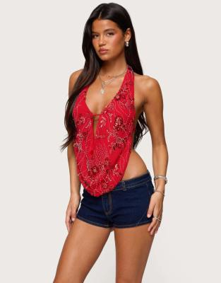 Edikted Beaded chiffon backless cowl neck top in red