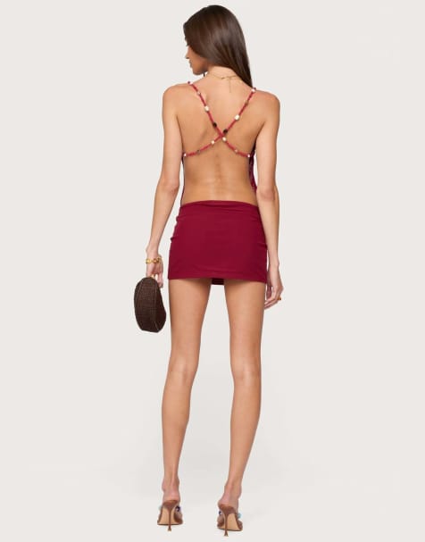 Edikted Beaded cowl neck backless mini dress in burgundy - view 1