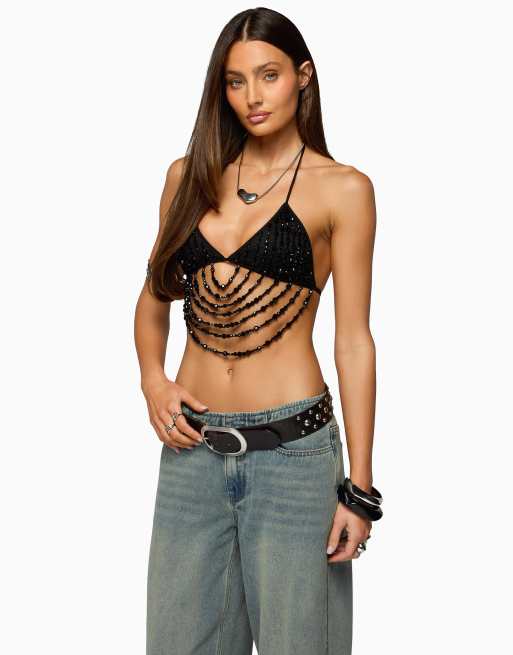 Edikted beaded cowl neck bra top in black , 3 of 5