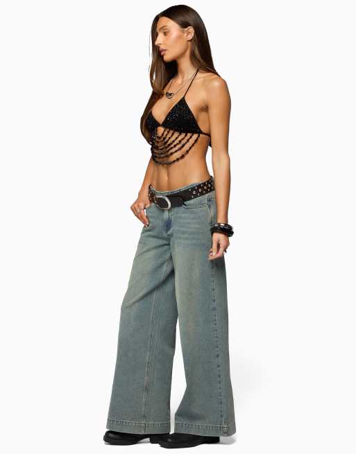 Edikted beaded cowl neck bra top in black , 4 of 5