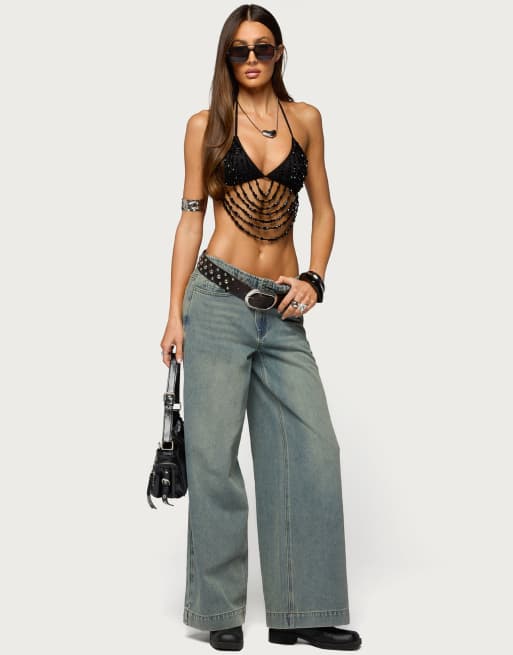 Edikted beaded cowl neck bra top in black , 5 of 5