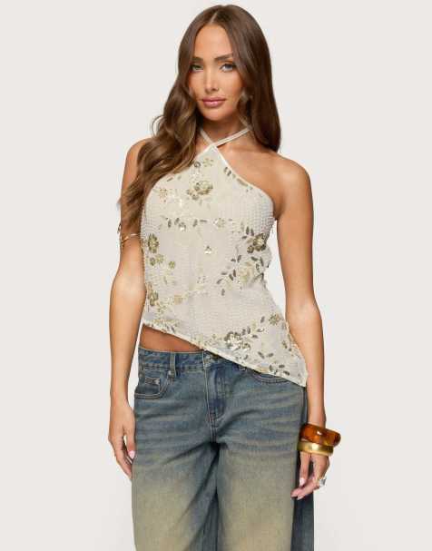 Edikted Beaded sequin asymmetric halter top in beige - view 1