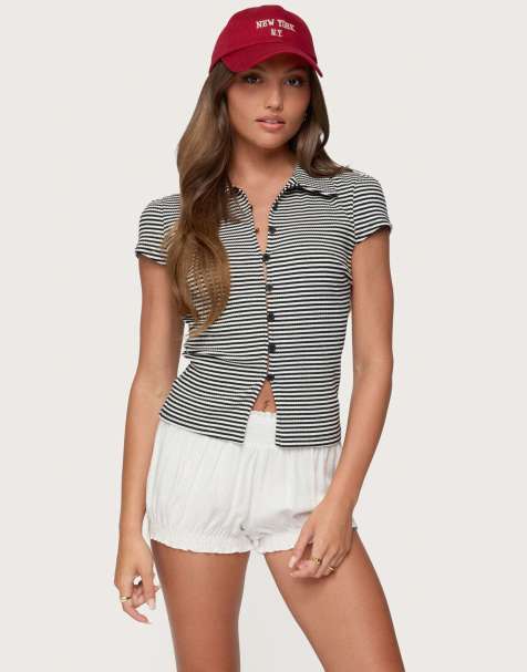 Edikted Beau striped ribbed button up top in black and white - view 1