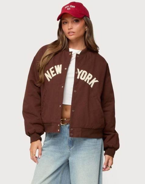 Edikted Big apple oversized bomber jacket in brown