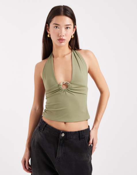 Edikted Billey metal ring halter top in olive - view 1