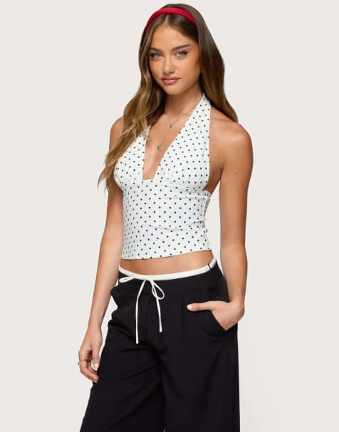 Edikted Blaire polka dot halter top in white and black