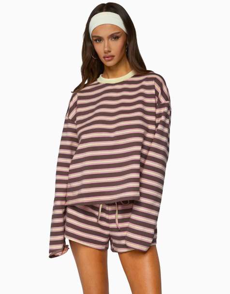 Edikted blanchy striped long sleeve top in pink-and-brown - view 1