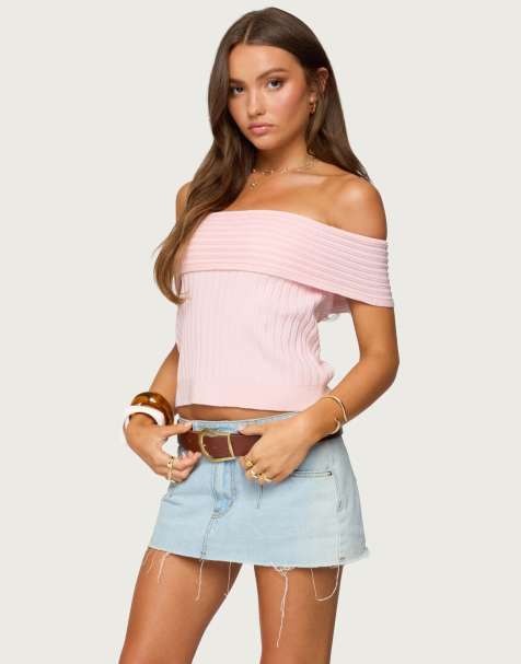 Edikted Blythe ribbed knit fold over top in light pink