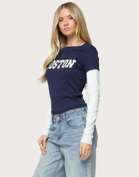 Edikted Boston layered long sleeve t shirt in navy and cream
