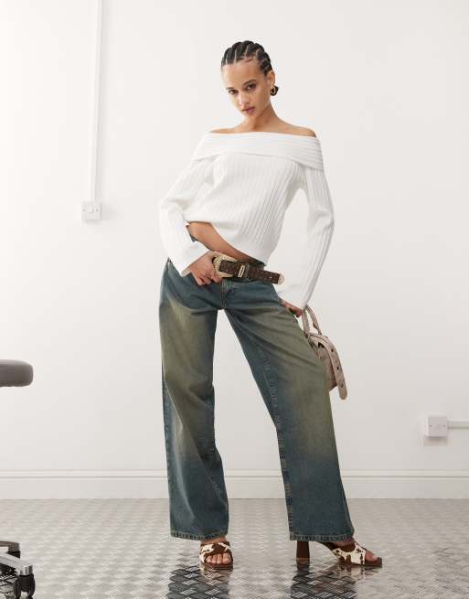 Edikted Brandy fold over ribbed off shoulder knit jumper in white