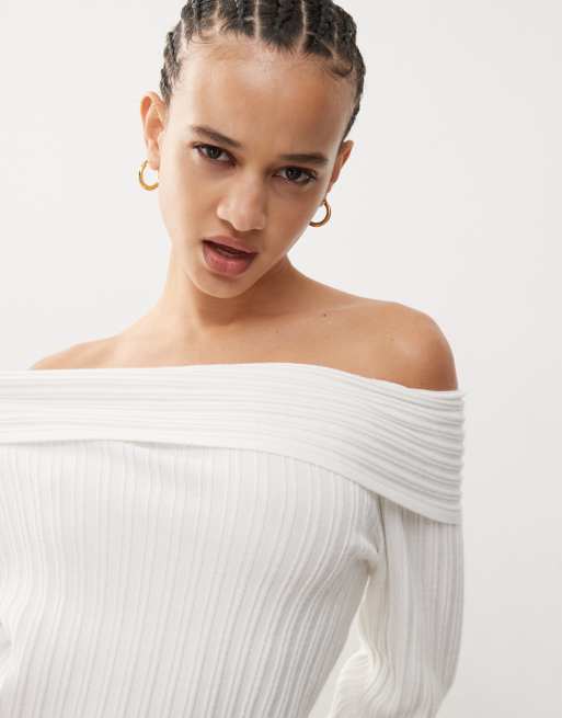 Edikted Brandy fold over ribbed off shoulder knit jumper in white