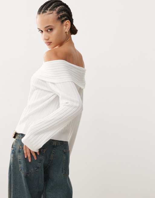 Edikted Brandy fold over ribbed off shoulder knit jumper in white