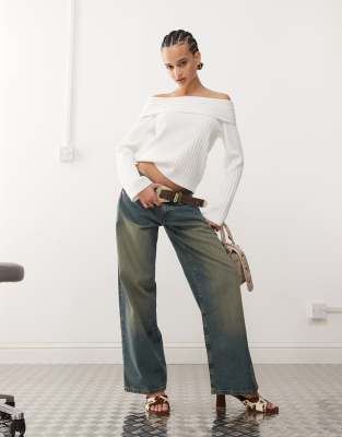Edikted Brandy Fold Over Ribbed Off Shoulder Knit Sweater In Green