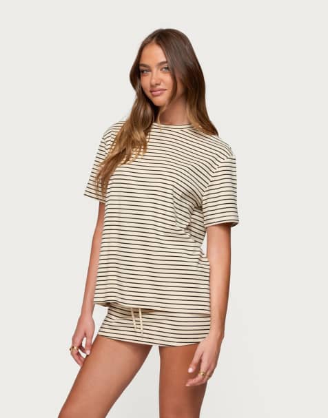 Edikted Brena striped oversized t shirt in cream and black