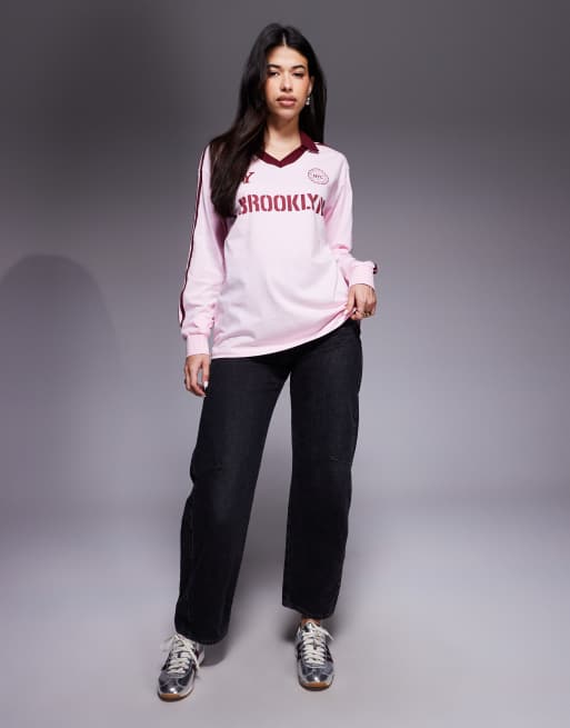 Edikted Brooklyn contrast oversized polo top in light pink , 2 of 4