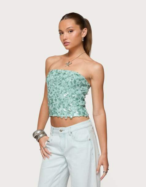 Edikted Brynn sequin strapless top in sage