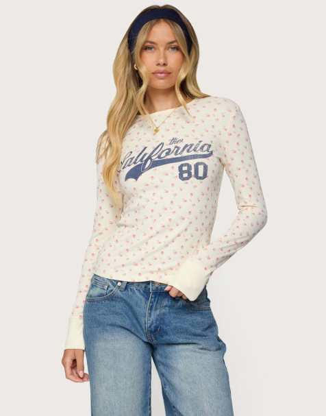 Edikted Cali floral ribbed long sleeve t shirt in cream - view 1