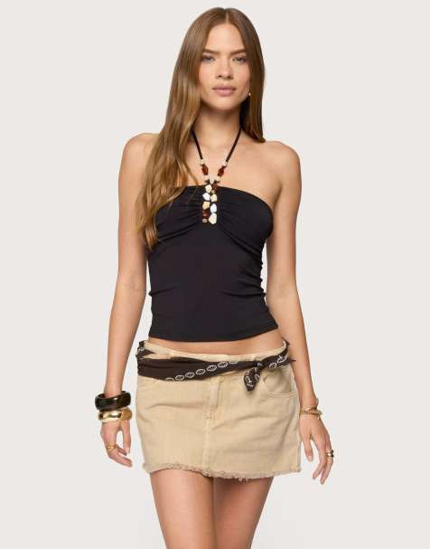 Edikted Carmel bead ruched halter top in black - view 1