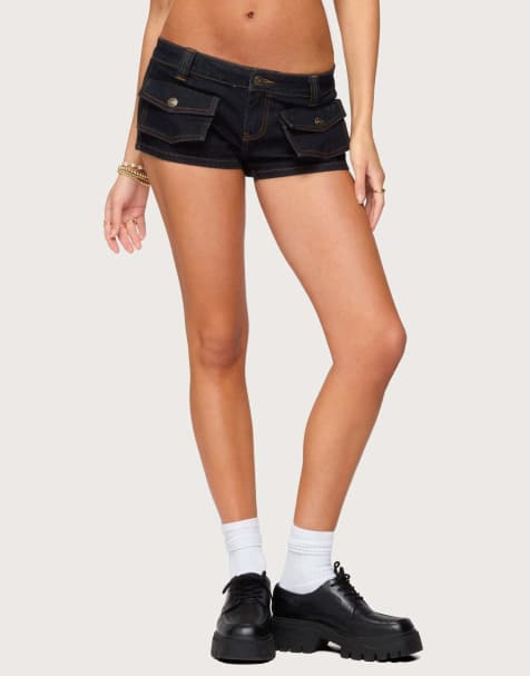 Edikted Cavella stretchy denim micro shorts in blue washed