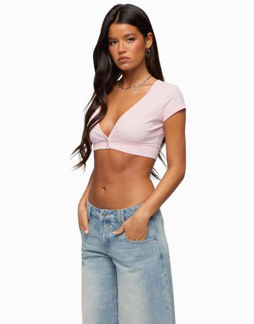 Edikted cecey button up crop top in pink, 3 of 5