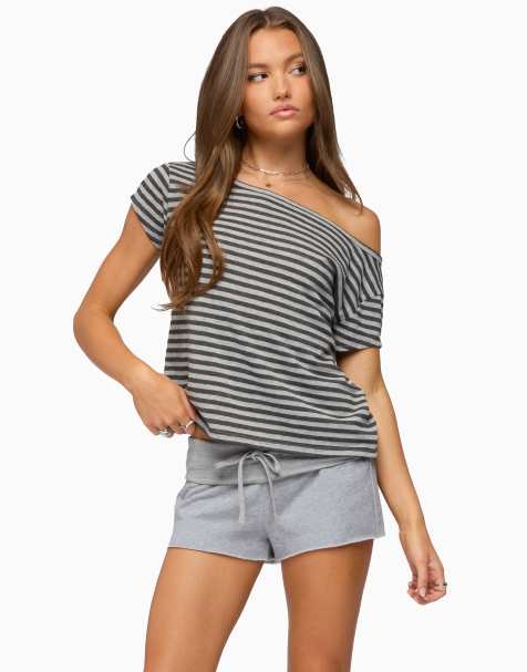 Edikted chanelle off shoulder striped top in grey-melange - view 1