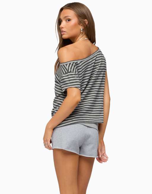Edikted chanelle off shoulder striped top in grey-melange, 2 of 5