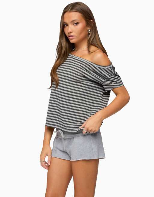 Edikted chanelle off shoulder striped top in grey-melange, 3 of 5