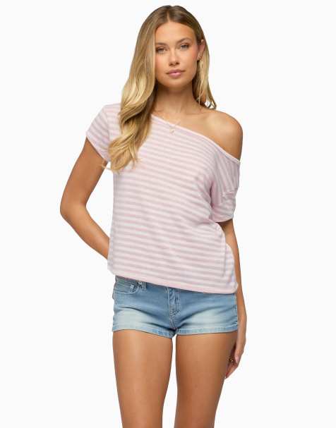 Edikted chanelle off shoulder striped top in pink - view 1