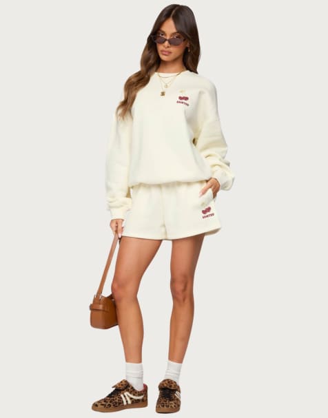 Edikted Cherry babe sweat shorts in cream - view 1