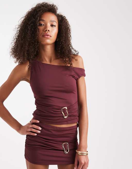 Edikted co-ord Kenia absract ring off shoulder top in burgundy