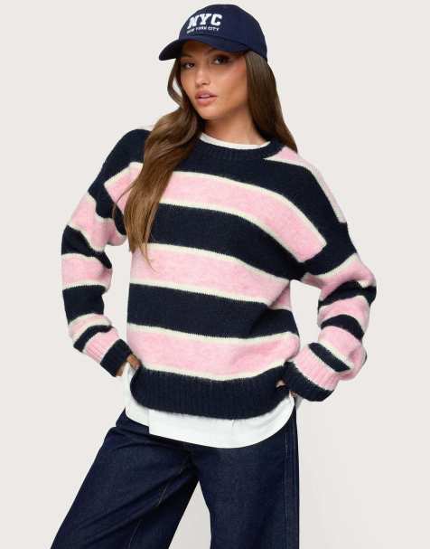 Edikted Conrad striped knit sweater in navy and pink