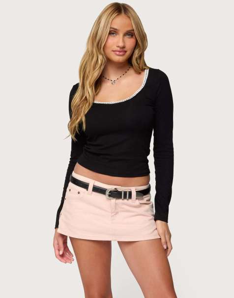 Edikted Contrast lacey long sleeve top in black - view 1