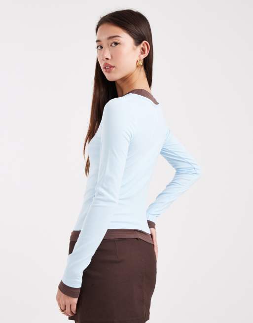 Edikted contrast layered long sleeve t-shirt in blue, 4 of 4