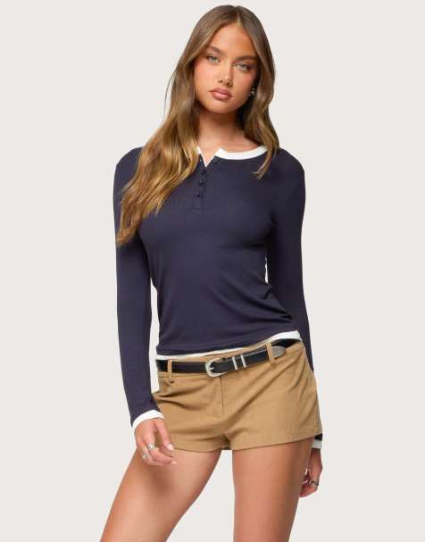 Edikted Contrast layered look henley top in navy - view 1