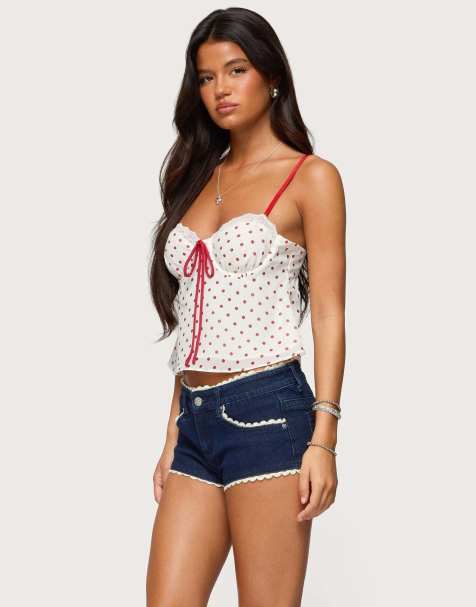 Edikted Contrast polka dot cupped chiffon top in cream and red