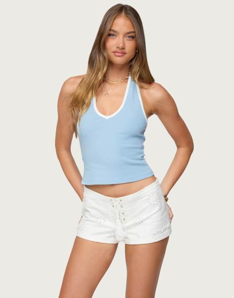 Edikted Contrast ribbed v neck halter top in light blue - view 1