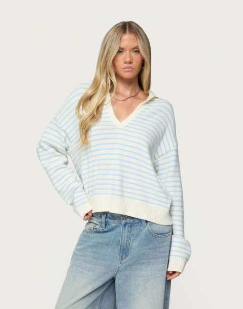 Edikted Copenhagen oversized striped sweater in light blue and cream - view 1