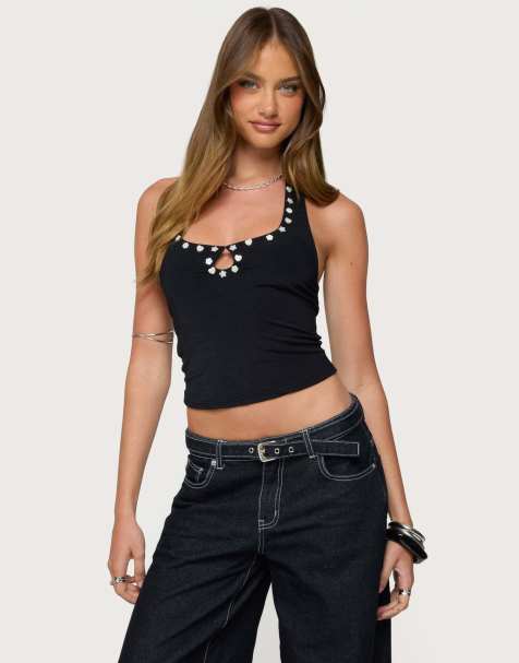 Edikted Coraline button cutout halter top in black
