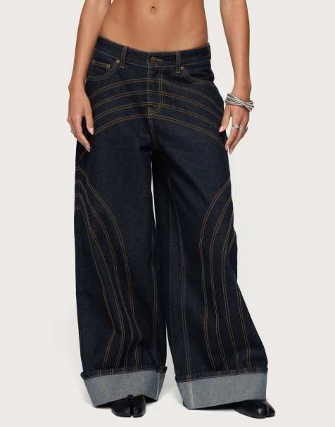 Edikted Cuffed low rise wide leg jeans in indigo blue raw washed - view 1