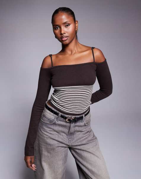Edikted Darya striped off shoulder knit top in brown - view 1