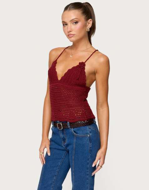 Edikted Delila crochet v neck top in burgundy - view 1